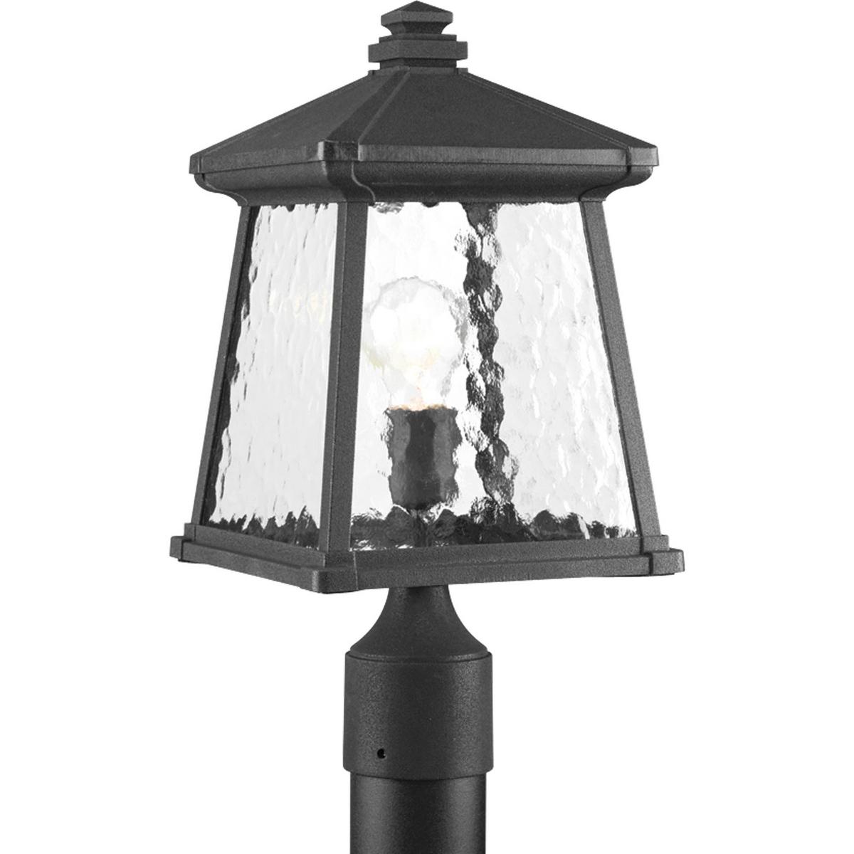 Hubbell P5459-31 Classic arts and crafts inspired profile. Cast aluminum construction with clear water glass and decorative bottom detail. Textured black powder coated finish. One-light post lantern fits standard 3" posts.  ; Classic arts and crafts inspired profile. ; Ca