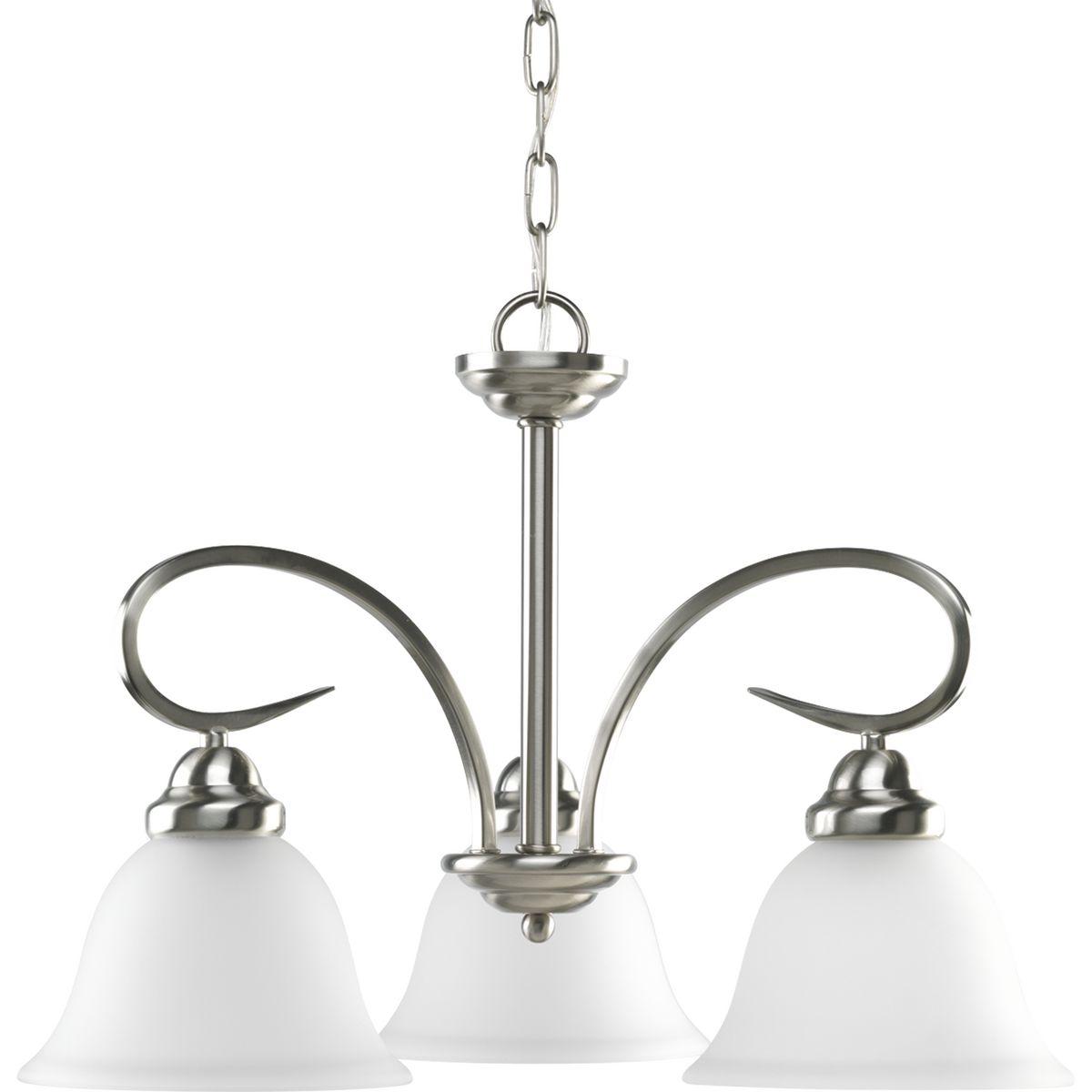 Hubbell HS41002-09 Featuring delicate scrolled metalwork and soft details, this casual three-light chandelier is perfect for many interiors. Slightly tapered etched glass shades are completed by a Brushed Nickel finish. This fixture is hung with the shades facing downwards 
