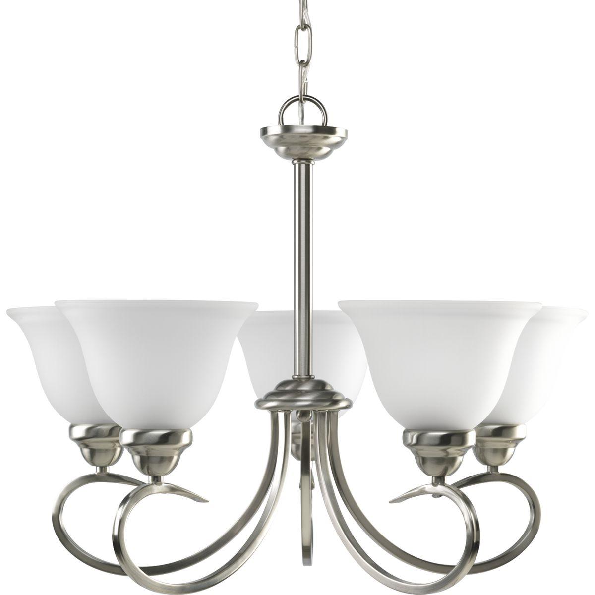 Hubbell HS41005-09 Featuring delicate scrolled metalwork and soft details, this casual five-light chandelier is perfect for many interiors. Slightly tapered etched glass shades are completed by a Brushed Nickel finish. This fixture is hung with the shades facing upwards onl