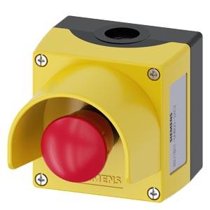 Siemens 3SU1801-0NB00-2AC2 Enclosure for command devices, 22 mm, round, Enclosure material plastic, Enclosure top part yellow, with protective collar, 1 control point plastic, A=EMERGENCY STOP mushroom pushbutton red, 40 mm, rotate-to-unlatch, 1 NC, 1 NC, screw terminal, floor moun