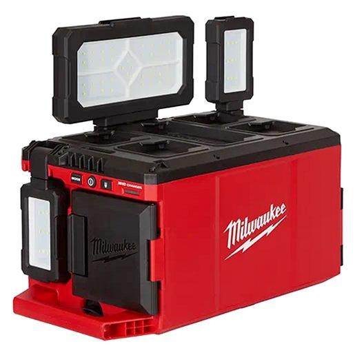 Milwaukee Tool 2357-20 Charger Light; 18V Voltage; M18 Battery System; Cordless Power Source; 8.7" Height; 16.9" Length; 9.8" Width; 4/8/12 Hours Run Time All Light Panel; 5.5/12/19 Hours Run Time Main Light Panel; 10/21.5/31 Hours Run Time Front Back Panel; 2.1 AMP USB Output;