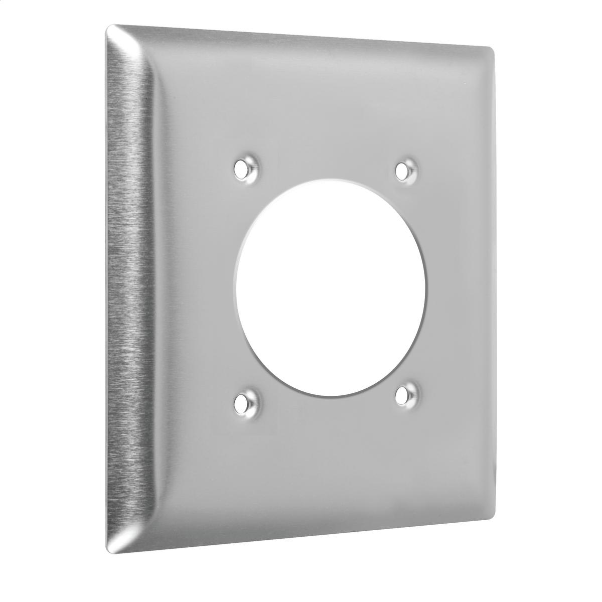 Hubbell WSS2-2 2-Gang Metal Wallplate, Standard, Single Receptacle 2.15 in. dia., Stainless Steel  ; Easily primed and painted to match or complement walls. ; Won't bow, crack or distort during installation. ; Premium North American powder coat. ; Includes screw(s) in m