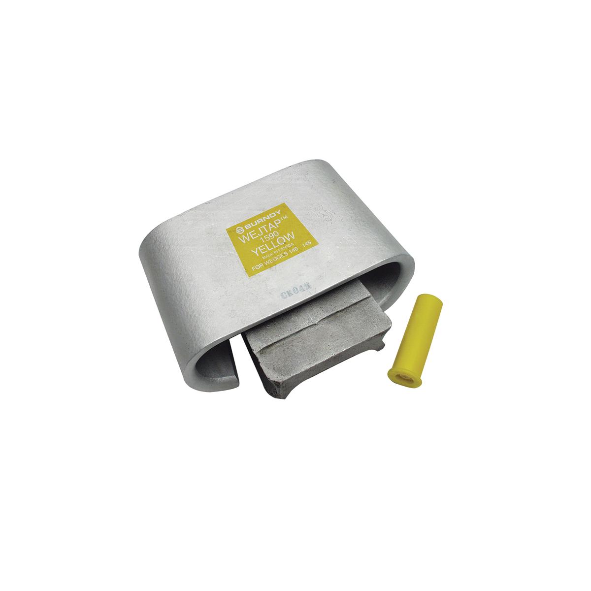 Hubbell WCY142PB Aluminum Overhead Wedge Tap Connector packaged with Yellow Power Booster. 