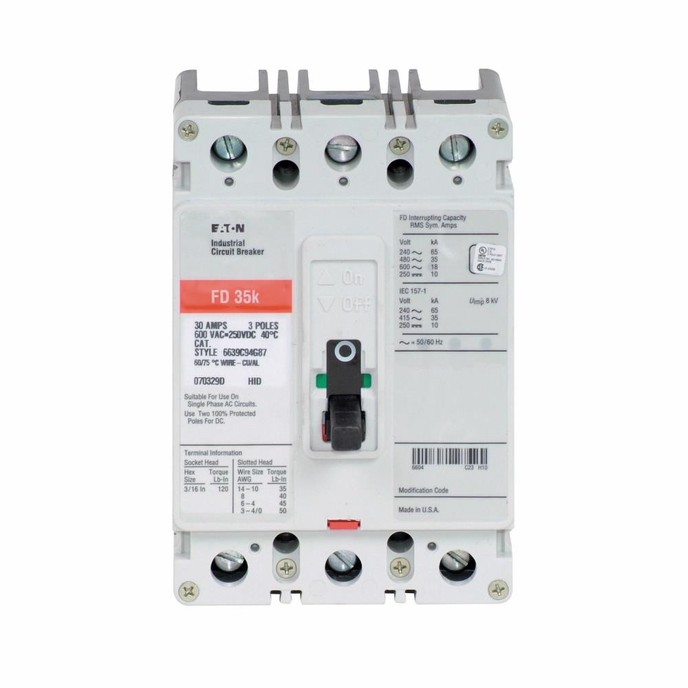 Eaton FD3150S17 Eaton Series C complete molded case circuit breaker, F-frame, FD, Fixed thermal, fixed magnetic trip, Three-pole, 150A, 600 Vac, 250 Vdc, 65 kAIC at 240 Vac, 35 kAIC at 480 Vac, Load side, 12-24 Vac/dc same side w/ right pigtail, 50/60 Hz