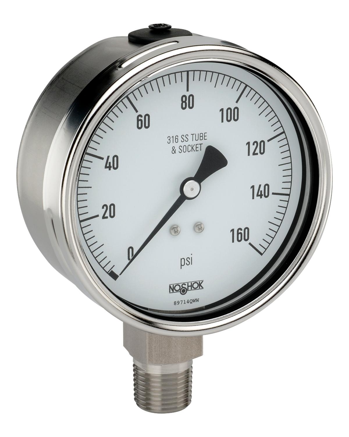 Noshok 40-500-300-PSI/BAR 4'' 304 Stainless Steel Case, 316 Stainless Steel Internals, 300 psi/bar, 1/2'' National Pipe Thread (NPT) Male Bottom Connection Pressure Gauge with Glycerin Filled