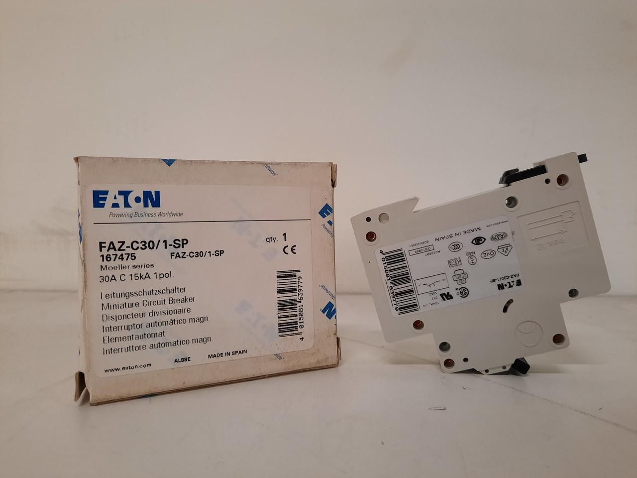 Eaton FAZ-C30/1-SP Eaton FAZ supplementary protector,UL 1077 Industrial miniature circuit breaker-supplementary protector,Single package,Medium levels of inrush current are expected,30A,15 kAIC,Single-pole,277 V,5-10X/n,Q38,50-60 Hz,Standard terminals,C Curve
