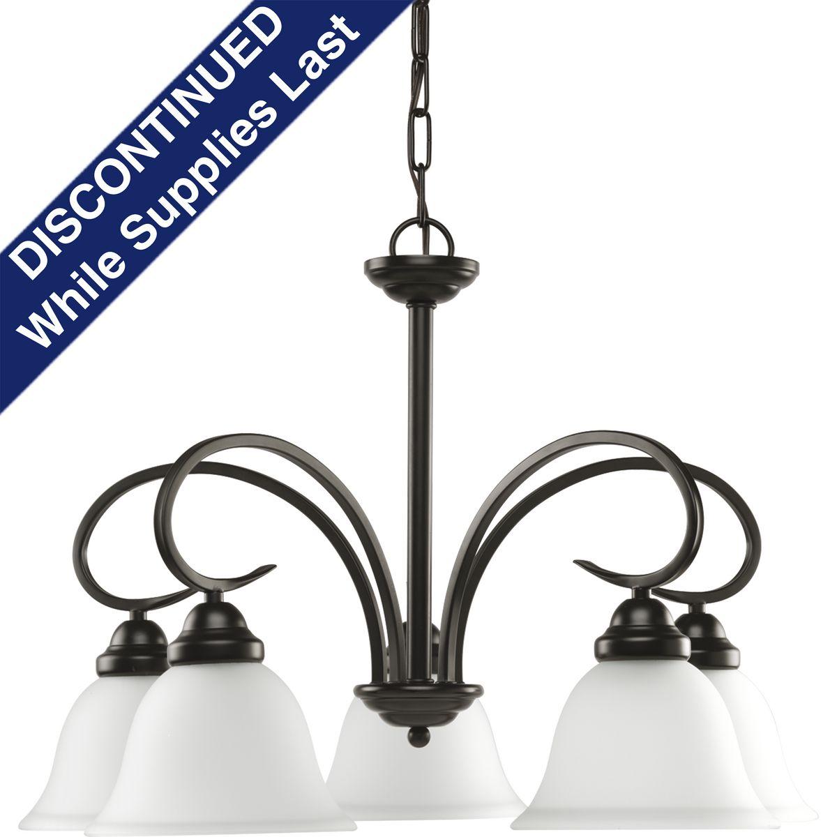Hubbell HS41004-125 Featuring delicate scrolled metalwork and soft details, this casual five-light chandelier is perfect for many interiors. Slightly tapered etched glass shades are completed by a Bronze finish. This fixture is hung with the shades facing downwards only.  ; 