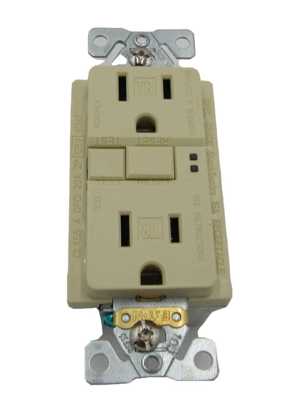 Eaton TRSGF15V Eaton ground fault circuit interrupter receptacle, 15A, 125V, Back wire and side wire, GFCI, Ivory, Brass, Receptacle, Tamper resistant, PVC, 5-15R, Two-pole, three-wire, grounding