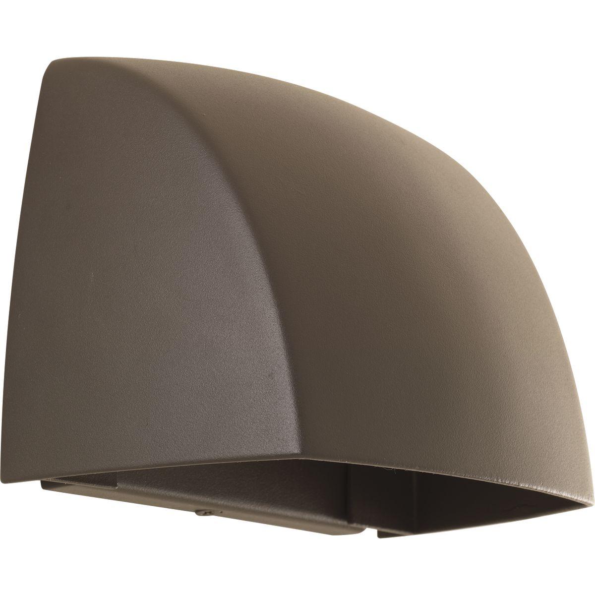 Hubbell P5634-2030K9 Modern geometric outdoor LED sconces are designed to complement a range of residential and commercial architectural styles. ADA compliant. 9w LED is 3000K, 90+ CRI in an Antique Bronze cast aluminum shade. Dark Sky compliant.  ; Modern geometric outdoor L