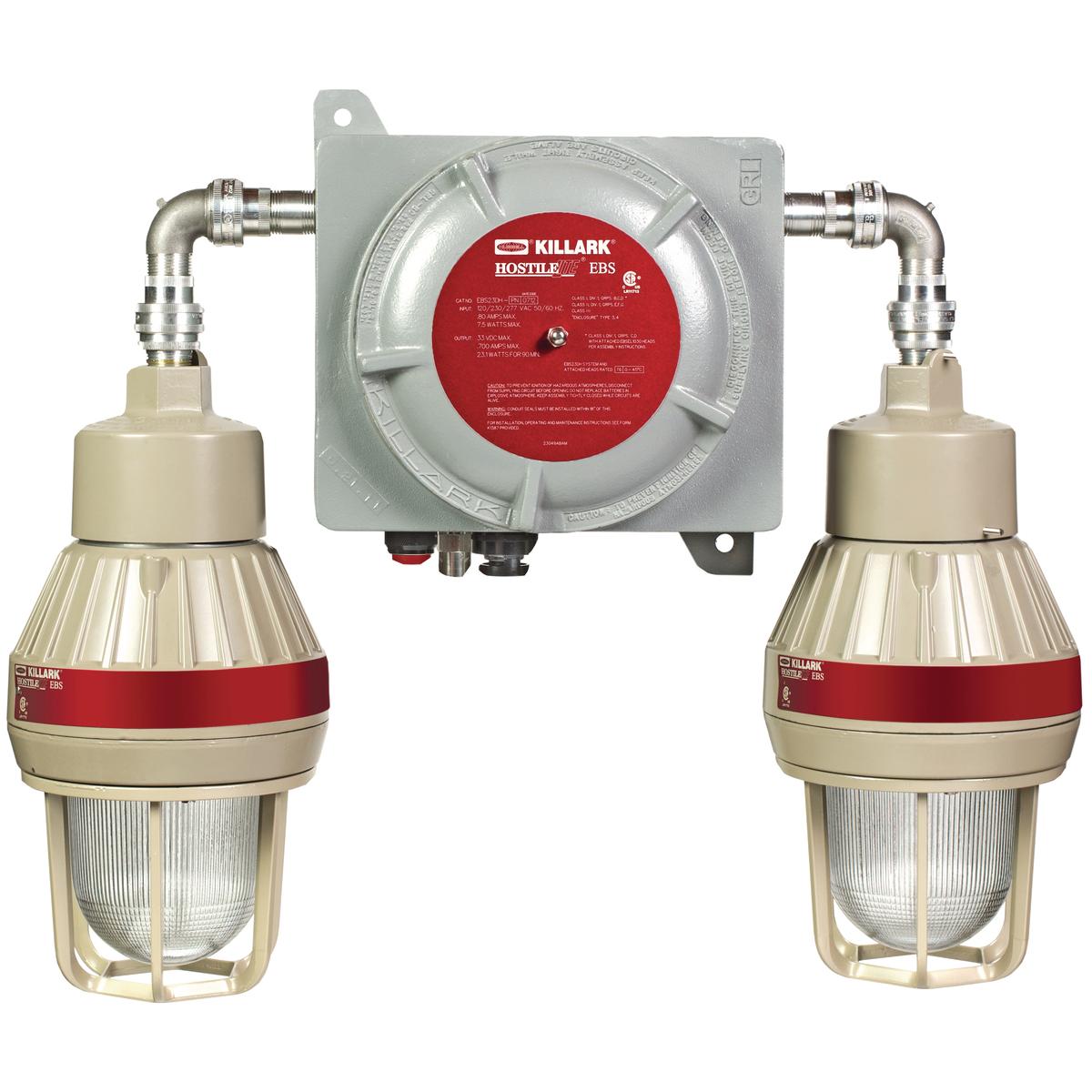 Hubbell EBS23DH-PTBG The EBS Series Explosion Proof LED Emergency Battery Backup System is designed for egress or anti-panic applications. This fixture is made with a cast copper-free aluminum housing and fixture heads that are powder epoxy powder coat painted for extra corro