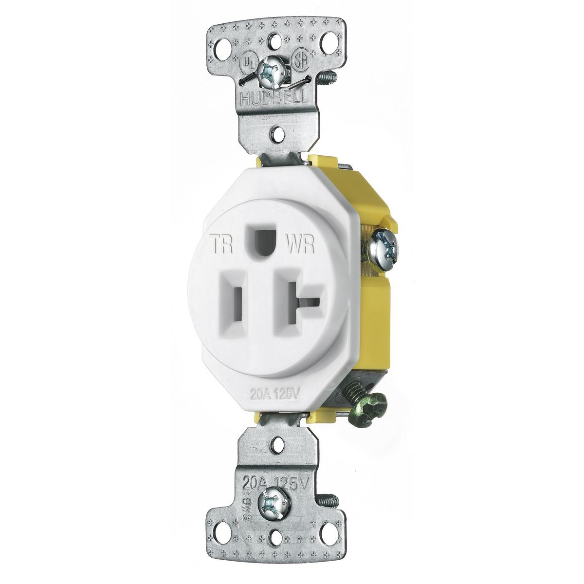 Hubbell RR201WWRTR TradeSelect, Straight Blade Devices, Residential Grade, Receptacles, Weather and Tamper Resistant Single, 20A 125V, 2-Pole 3-Wire Grounding, 5-20R, Self Grounding, White  ; Smooth indented face appearance ; Multiple-drive Slot/Phillips/Robertson head scre