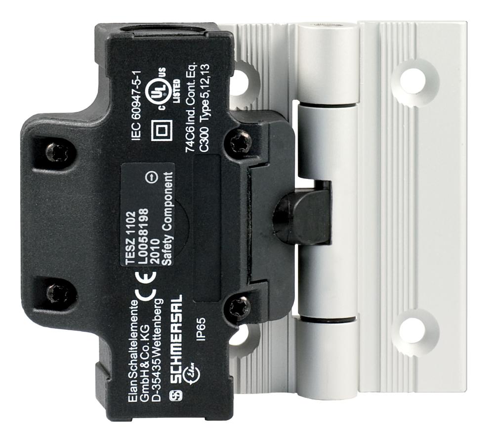 Schmersal TESZ1102/S Safety switch for hinged guards; Hinge safety switch; 2 cable entries M 20 x 1.5; Simple fitting, especially on 40 mm profiles; Thermoplastic enclosure; Double-insulated; Good resistance to oil and petroleum spirit; 111,5 mm x 92 mm x 36 mm