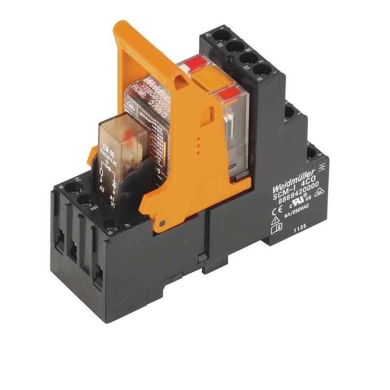 Weidmuller 8921040000 RIDERSERIES RCM, Relay module, Number of contacts: 4,  CO contact AgNi, Rated control voltage: 24 V AC, Continuous current: 6 A, Screw connection, Test button available: Yes