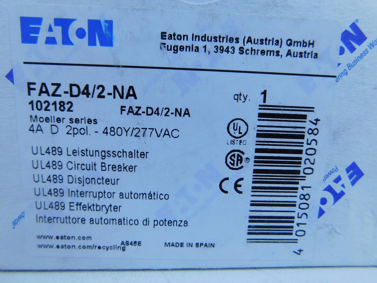 Eaton FAZ-D4/2-NA 277/480 VAC 50/60 Hz, 4 A, 2-Pole, 10/14 kA, 10 to 20 x Rated Current, Screw Terminal, DIN Rail Mount, Standard Packaging, D-Curve, Current Limiting, Thermal Magnetic