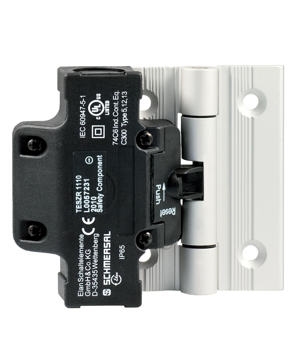 Schmersal TESZR1110 Safety switch for hinged guards; Hinge safety switch; 2 cable entries M 20 x 1.5; Simple fitting, especially on 40 mm profiles; Thermoplastic enclosure; Double-insulated; Good resistance to oil and petroleum spirit; 111,5 mm x 92 mm x 36 mm