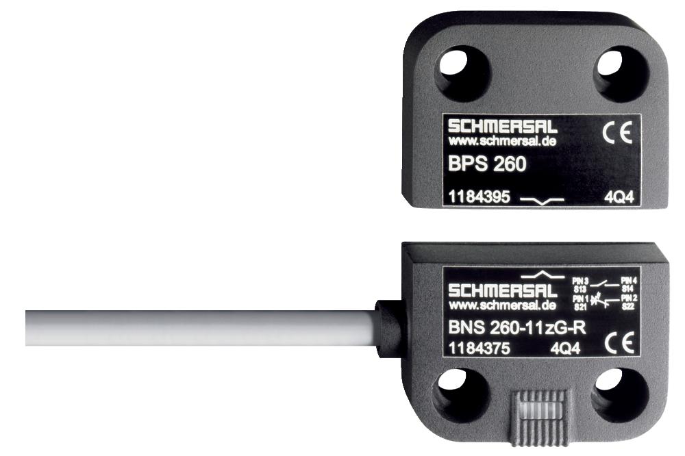Schmersal BNS 260-11Z-L Safety sensors; Magnetic safety sensors; Pre-wired cable; Thermoplastic enclosure; Small body; Concealed mounting possible; 26 mm x 36 mm x 13 mm; Long life; no mechanical wear; Insensitive to transverse misalignment; Insensitive to soiling