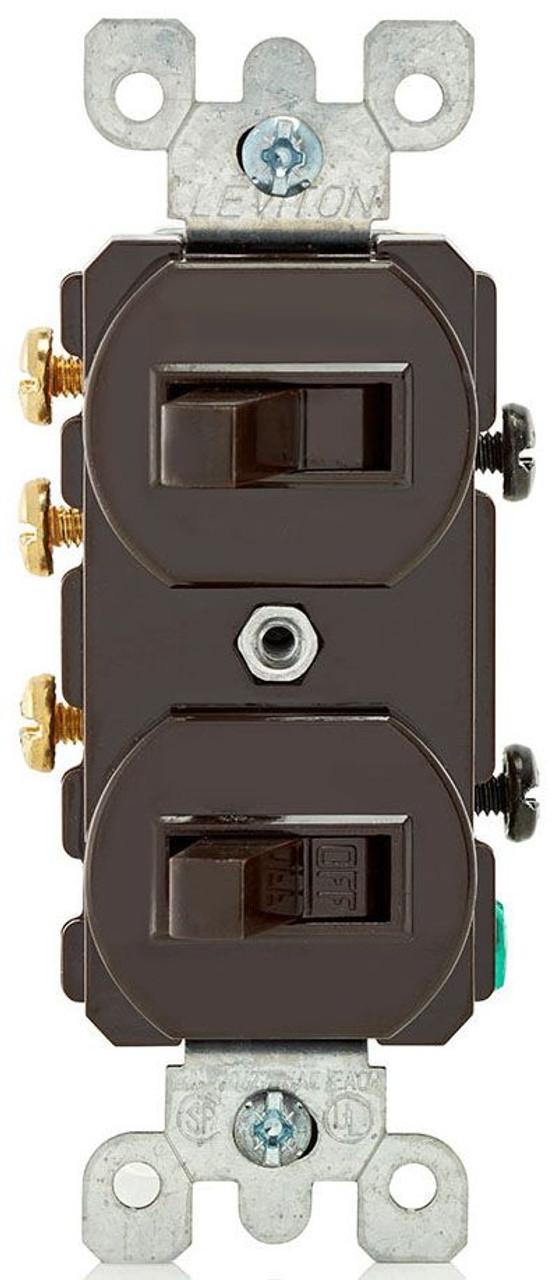 Leviton 5241 120/277 VAC, 15 A, 1 HP at 120 VAC, 2 HP at 240 to 277 VAC, 3-Way/1-Pole, Brown, Thermoplastic, Side Wired, Non-Grounding, Duplex, Combination Switch