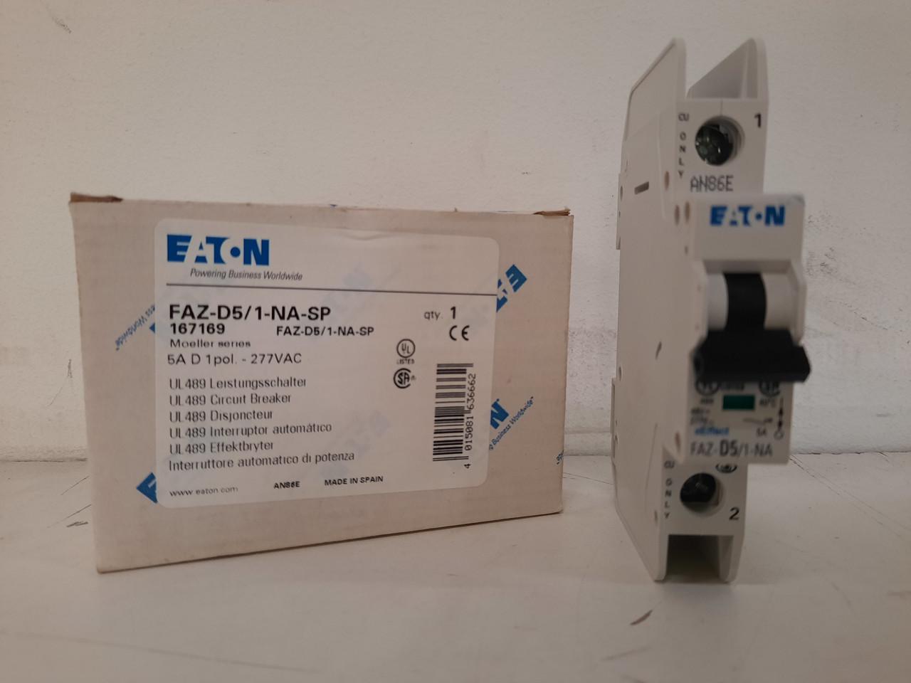 Eaton FAZ-D5/1-NA-SP Eaton FAZ branch protector,UL 489 Industrial miniature circuit breaker - supplementary protector,Single package,High levels of inrush current are expected,5 A,10 kAIC,Single-pole,277 V,10-20X /n,Q38,50-60 Hz,Screw terminals,D Curve