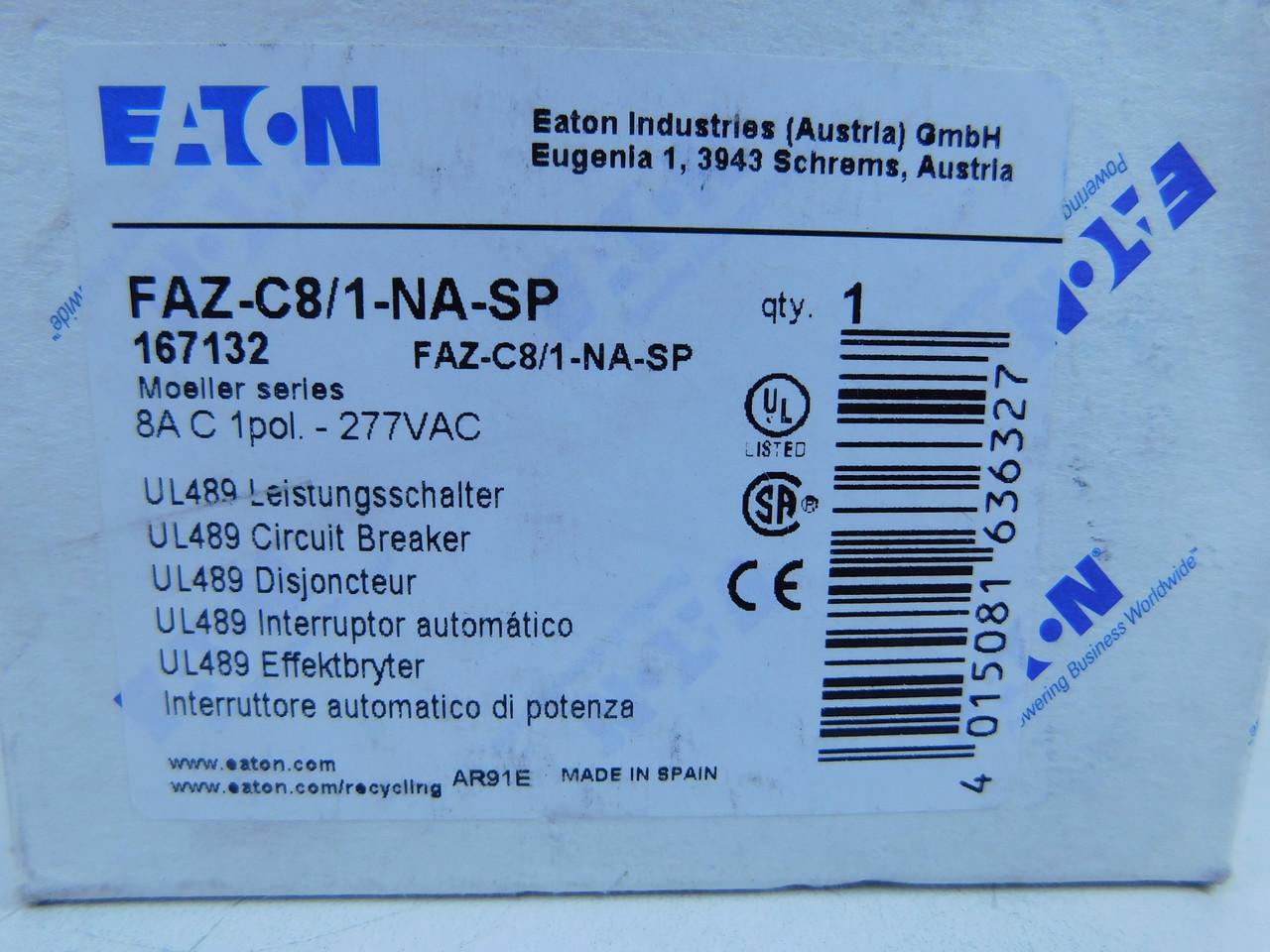 Eaton FAZ-C8/1-NA-SP Eaton FAZ branch protector,UL 489 Industrial miniature circuit breaker - supplementary protector,Single package,Medium levels of inrush current are expected,8 A,10 kAIC,Single-pole,277 V,5-10X /n,Q38,50-60 Hz,Screw terminals,C Curve