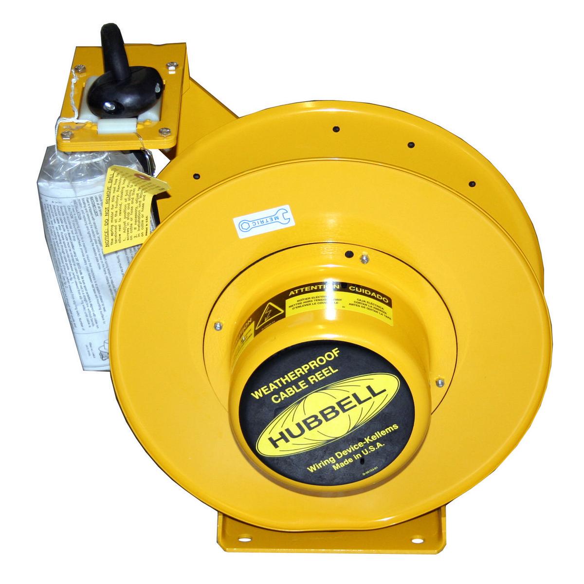 Hubbell HBL501032W Cord and Cable Reels, Weatherproof Cord Reel, 50', 10/3 SO Cord, Yellow  ; Ratchet lock can be disengaged in field ; Optional pivot base allows 340� rotation of reel ; Multi-position roller guide can be mounted in four different positions ; Ratchet Lock a