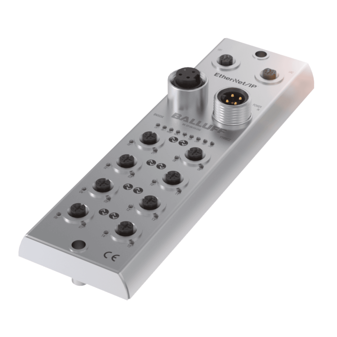 Balluff BNI0096 Network blocks for Ethernet/IP, Interface: EtherNet/IP, Operating voltage Ub: 18...30.2 VDC, Connection (COM 1): M12x1-Female, 4-pin, D-coded, Connection (COM 2): M12x1-Female, 4-pin, D-coded, Connection (supply voltage IN): 7/8"-Male, 4-pin, Connection (