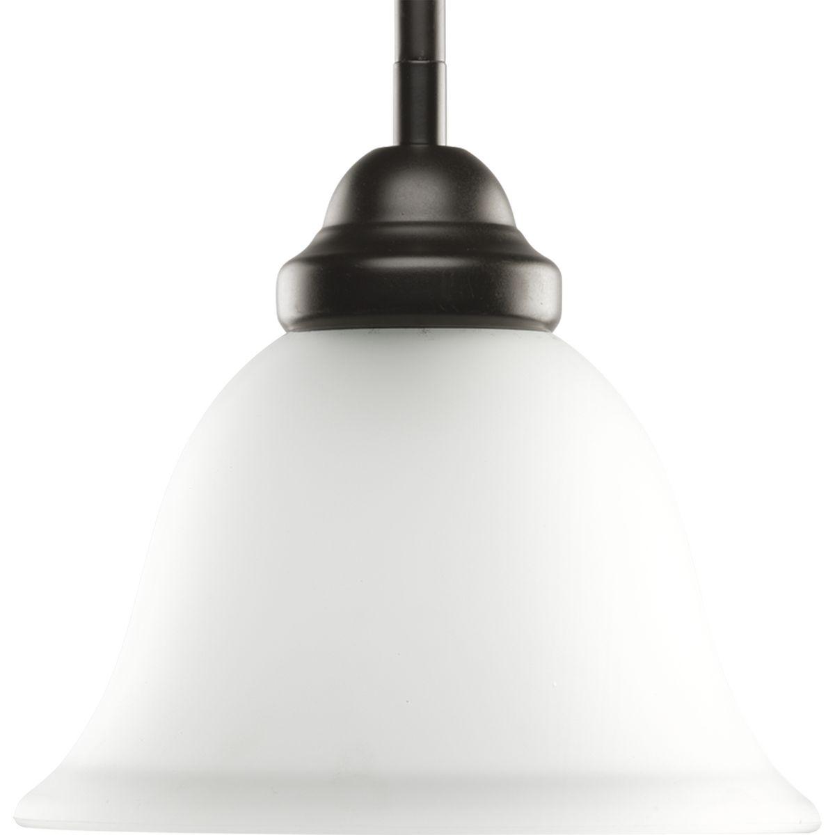 Hubbell HS41008-125 Refreshing simplicity is highlighted in this one-light mini pendant. An etched glass shade is suspended from a Bronze stem, carrying the clean line all the way to the ceiling. This fixture can also be used for sloped ceilings.  ; Bronze finish ; Etched gl