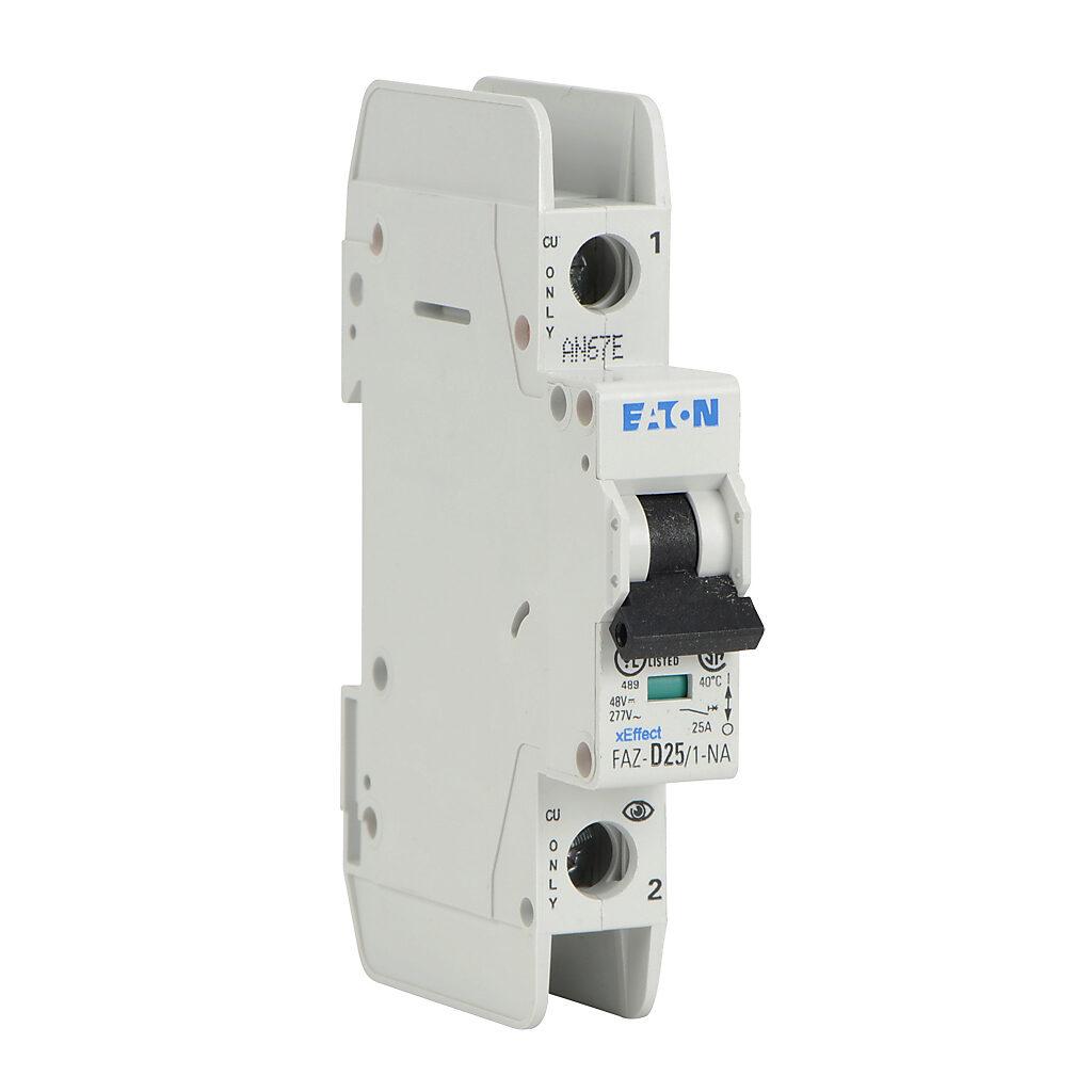 Eaton FAZ-D25/1-NA-SP Eaton FAZ branch protector,UL 489 Industrial miniature circuit breaker - supplementary protector,Single package,High levels of inrush current are expected,25 A,10 kAIC,Single-pole,277 V,10-20X /n,Q38,50-60 Hz,Screw terminals,D Curve