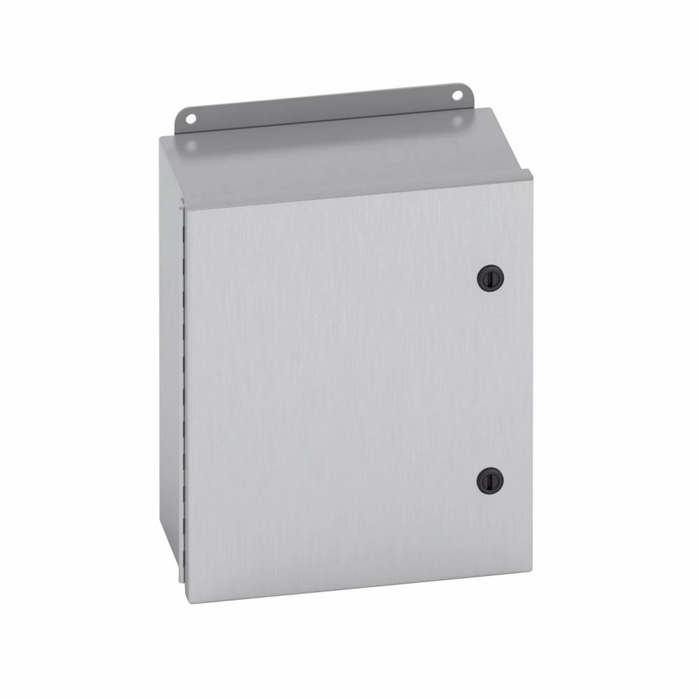 Eaton 12105-4XSQT Eaton B-Line series JIC panel enclosure, 12" height, 5" length, 10" width, NEMA 4X, Hinged cover, 4XSQT enclosure, Wall mount, Small single door, External mounting feet, 304 stainless steel, Seamless poured in-place gasket