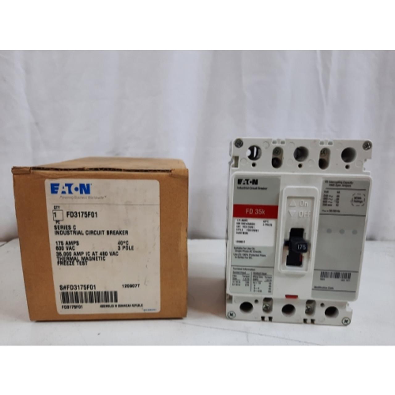 Eaton FD3175F01 Eaton Series C complete molded case circuit breaker, F-frame, FD, Complete breaker, Fixed thermal, Fixed magnetic trip type, Three-pole, 175 A, 600 Vac, 250 Vdc, 65 kA at 240 Vac, 35 kA at 480 Vac