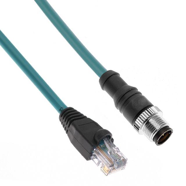 Mencom MDE45-4MP-RJ45-2M Ethernet, Cordset, 4 Pole, M12 D-Coded Male Straight (IP69) / RJ45 Plug (IP20) , 2M, Teal, PVC