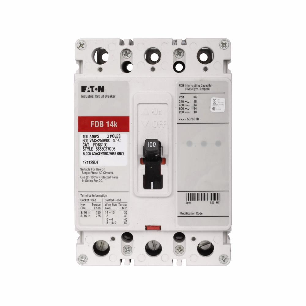 Eaton FDB3060 Eaton Series C complete molded case circuit breaker, F-frame, FDB, Complete breaker, Fixed thermal, fixed magnetic trip type, Three-pole, 60A, 600 Vac, 250 Vdc, 18 kAIC at 240 Vac, 14 kAIC at 480 Vac, Load side, 50/60 Hz