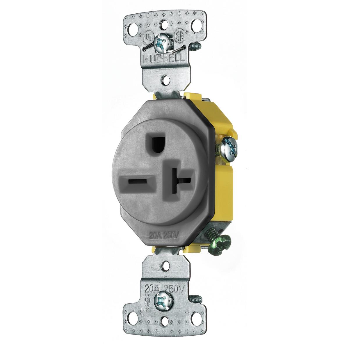 Hubbell RR205GY TradeSelect, Straight Blade, Single Receptacle, Self Grounding, 20A 250V, 2-Pole 3-Wire Grounding, 6-20R, Gray  ; Smooth indented face appearance ; Multiple-drive Slot/Phillips/Robertson head screws ; Tough thermoplastic ultrasonically welded cover and ba