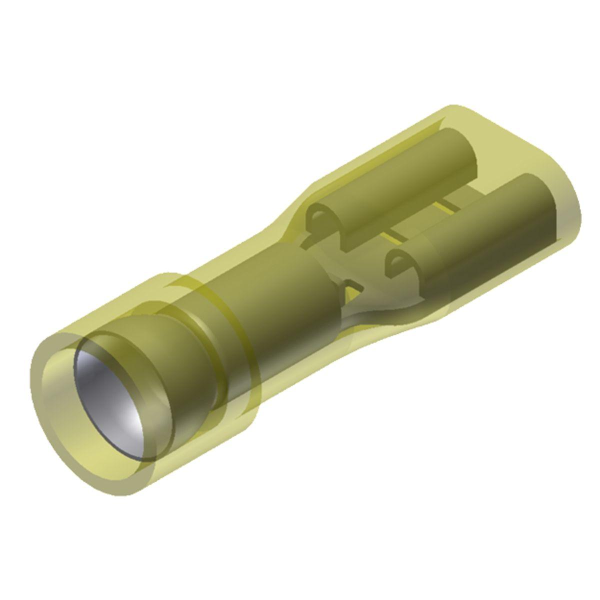 Hubbell FQN10F25X03D Fully Insulated Nylon Female Quick Disconnect For 12 - 10 AWG (.25 x .03).  ; Features: Fully Insulated Connectors: Eliminate The Need For Post Installation Insulation, Funnel Entry Barrel Opening: Assures Quick And Easy Wire Insertion, Dimpled Female Soc