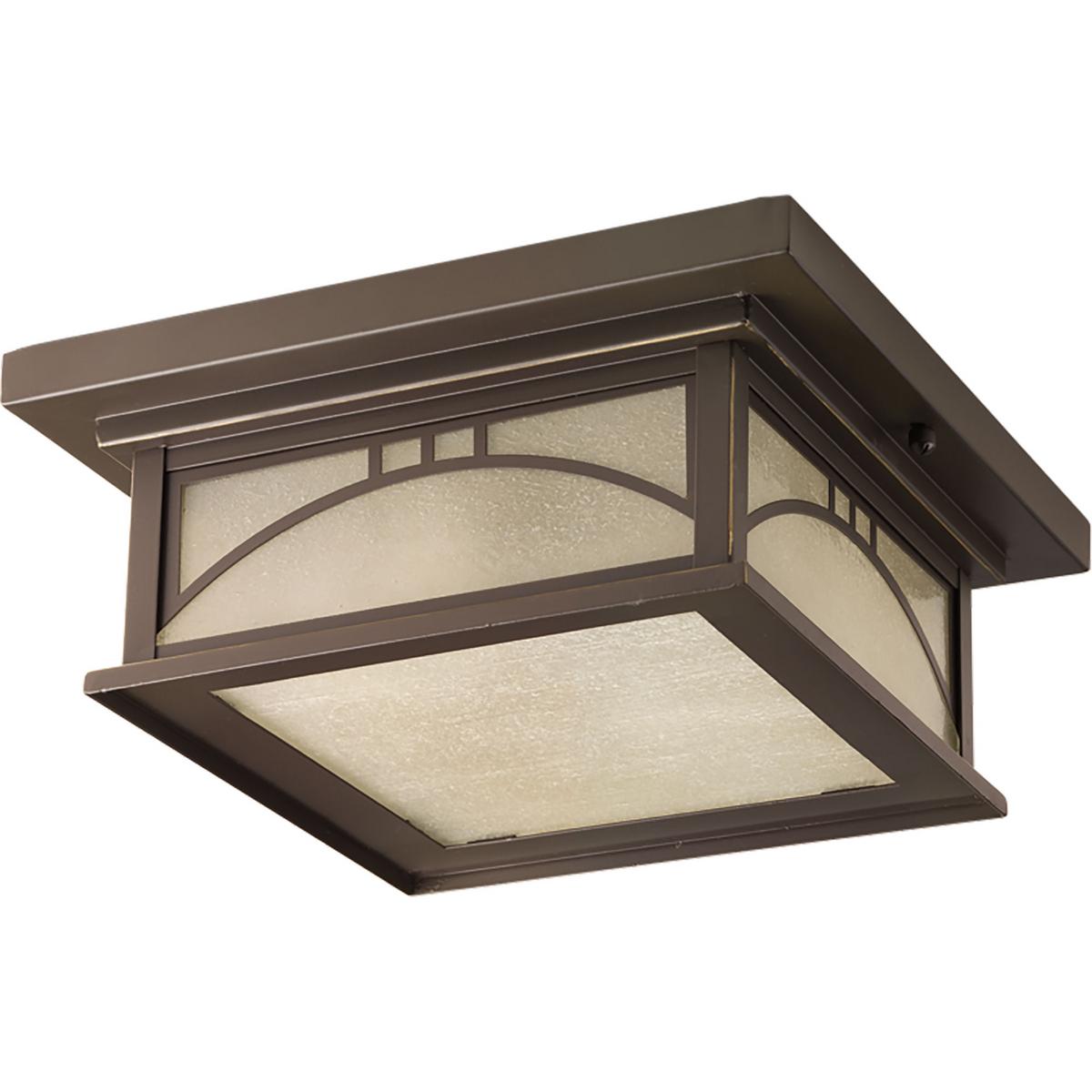 Hubbell P6055-20 Illuminate your home with this remarkable bronze finished wired lighting. Two-light close-to-ceiling with geometric details and textured art glass.  ; Antique bronze finish. ; Umber textured art glass panels. ; Geometric details.