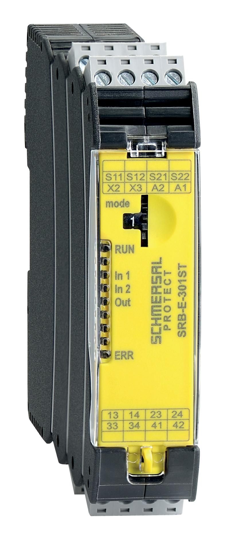 Schmersal SRB-E-301ST Safety-related tactile sensor; Plug-in screw terminals with coding; STOP 0 Function; 1 oder 2-channel control; Start button / Auto-start; 1 Auxiliary contact; 3 safety contacts