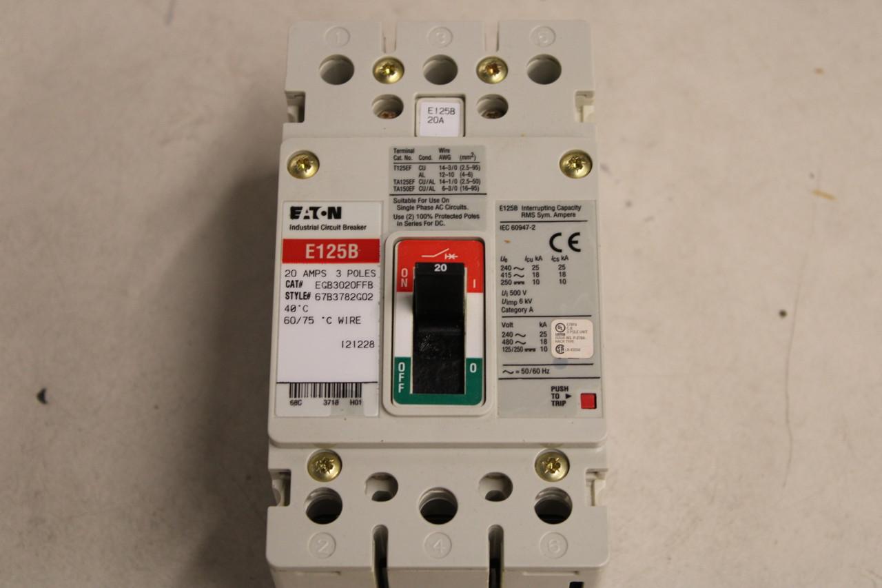Eaton EGB3020FFB Molded case circuit breaker, 3 pole, 20 A, 480 VAC, fixed thermal/magnetic trip, bolt-on terminals, UL 489