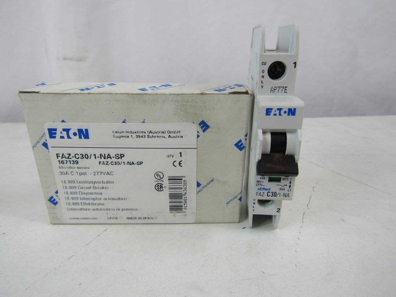 Eaton FAZ-C30/1-NA-SP Eaton FAZ branch protector,UL 489 Industrial miniature circuit breaker - supplementary protector,Single package,Medium levels of inrush current are expected,30 A,10 kAIC,Single-pole,277 V,5-10X /n,Q38,50-60 Hz,Screw terminals,C Curve