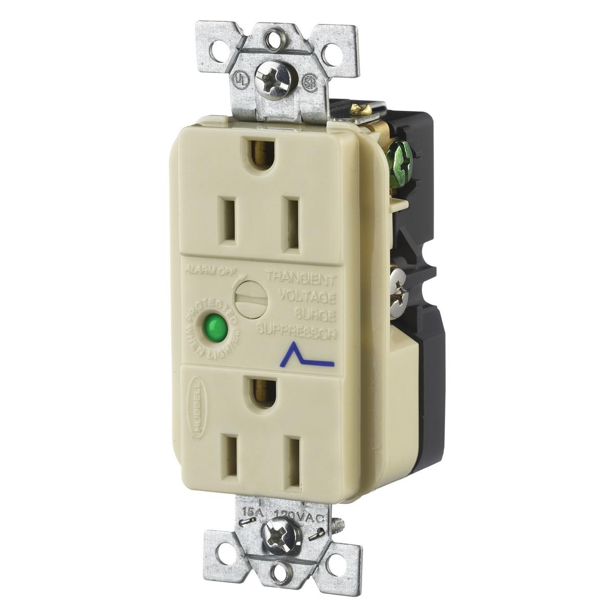 Hubbell HBL5262ISA Surge Protective Devices, SPIKESHIELD TVSS Duplex Receptacle with Light and Alarm, 15A 125V, 5-15R, Blue  ; Automatic self-grounding staple ; Distinctive surge symbol provides quick identification ; Power-on indicator light verifies that power is availabl