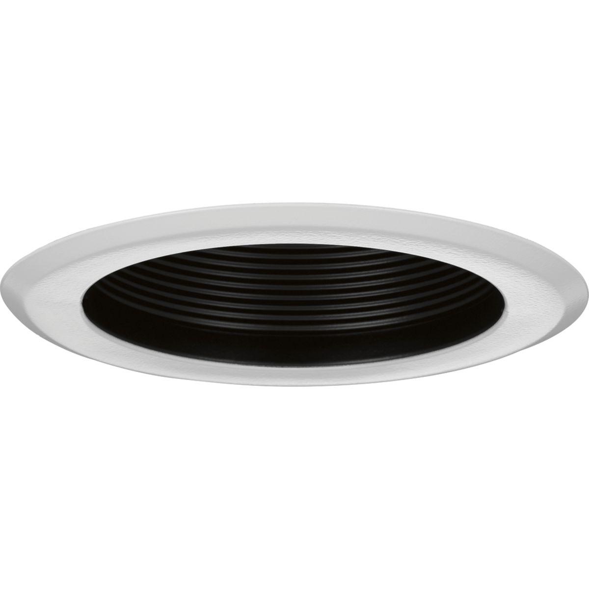 Hubbell P868-31 5" Step Baffle Trim in a Black finish and bright white powdered painted metal flange. UL and CUL listed for damp locations. The trim uses friction springs to attach to the housing to provide a flush fit against the ceiling. Compatible for use in Progress 