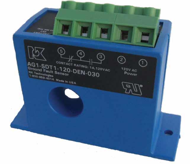 NK Technologies AG3-SDT1-24U-ENE-TR3 AC Ground Fault Sensors, Mechanical Relay Output, Solid-Core, 24 VAC/VDC Powered, Jumper Select 5, 10 or 30 mA Setpoint, Normally Energized, Top Terminals,  SPDT 1 A @ 120 VAC, 2 A @ 30 VDC
