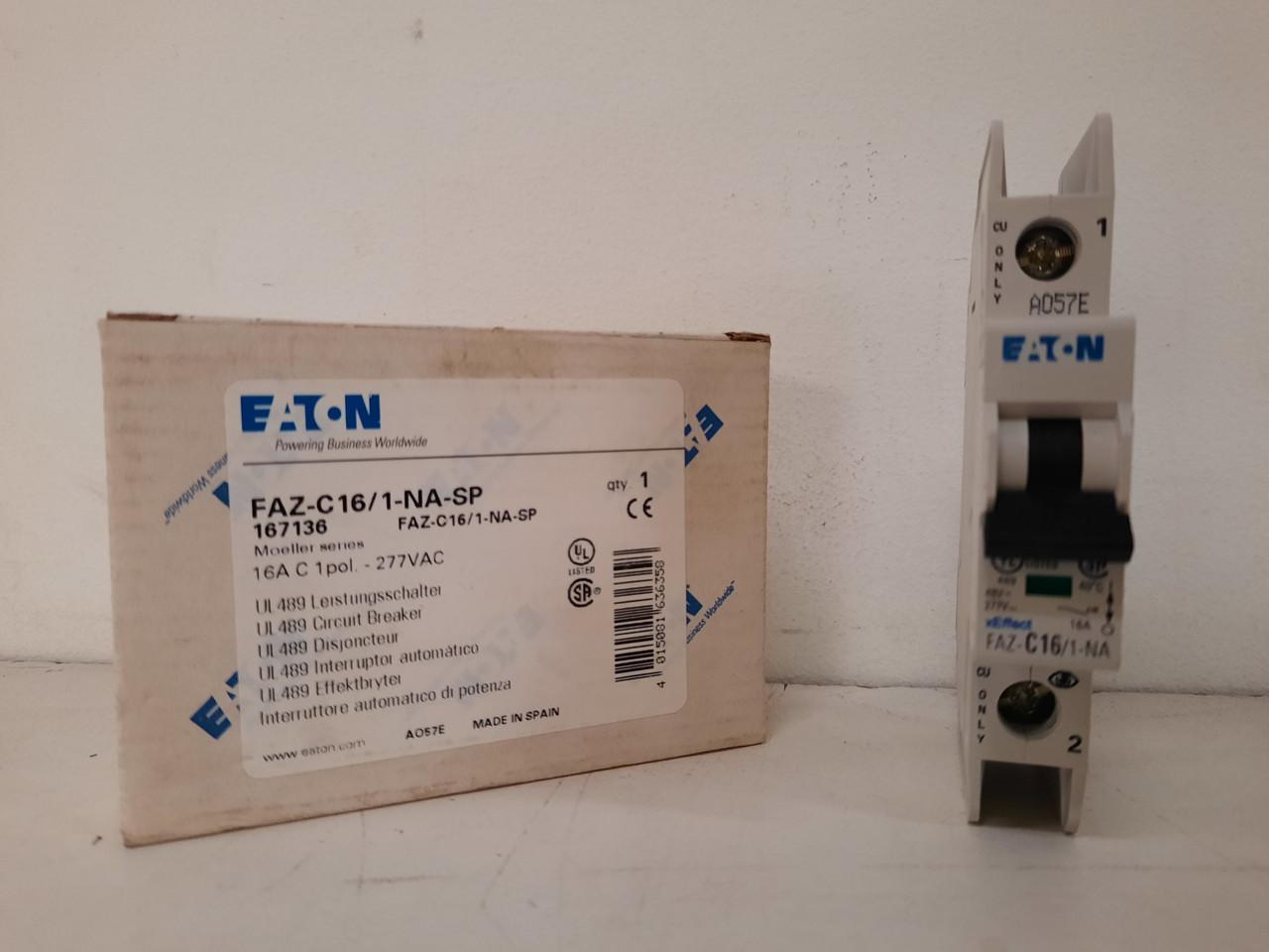 Eaton FAZ-C16/1-NA-SP Eaton FAZ branch protector,UL 489 Industrial miniature circuit breaker - supplementary protector,Single package,Medium levels of inrush current are expected,16 A,10 kAIC,Single-pole,277 V,5-10X /n,Q38,50-60 Hz,Screw terminals,C Curve
