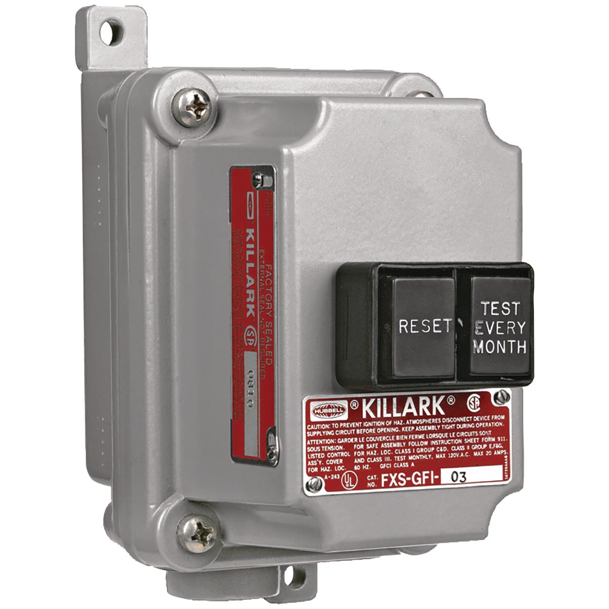 Hubbell FXS-GFI-1020 FXS Series - Aluminum Dead-End Ground Fault Interrupter Unit - Factory Sealed - Hub Size 1/2 Inch - 20A/120Vac/60Hz - 4-6 Miliamp Trip Setting  ; Eliminates external sealing requirements. ; Lower installation cost. ; NEMA 3 weatherproof. ; Color coded wir