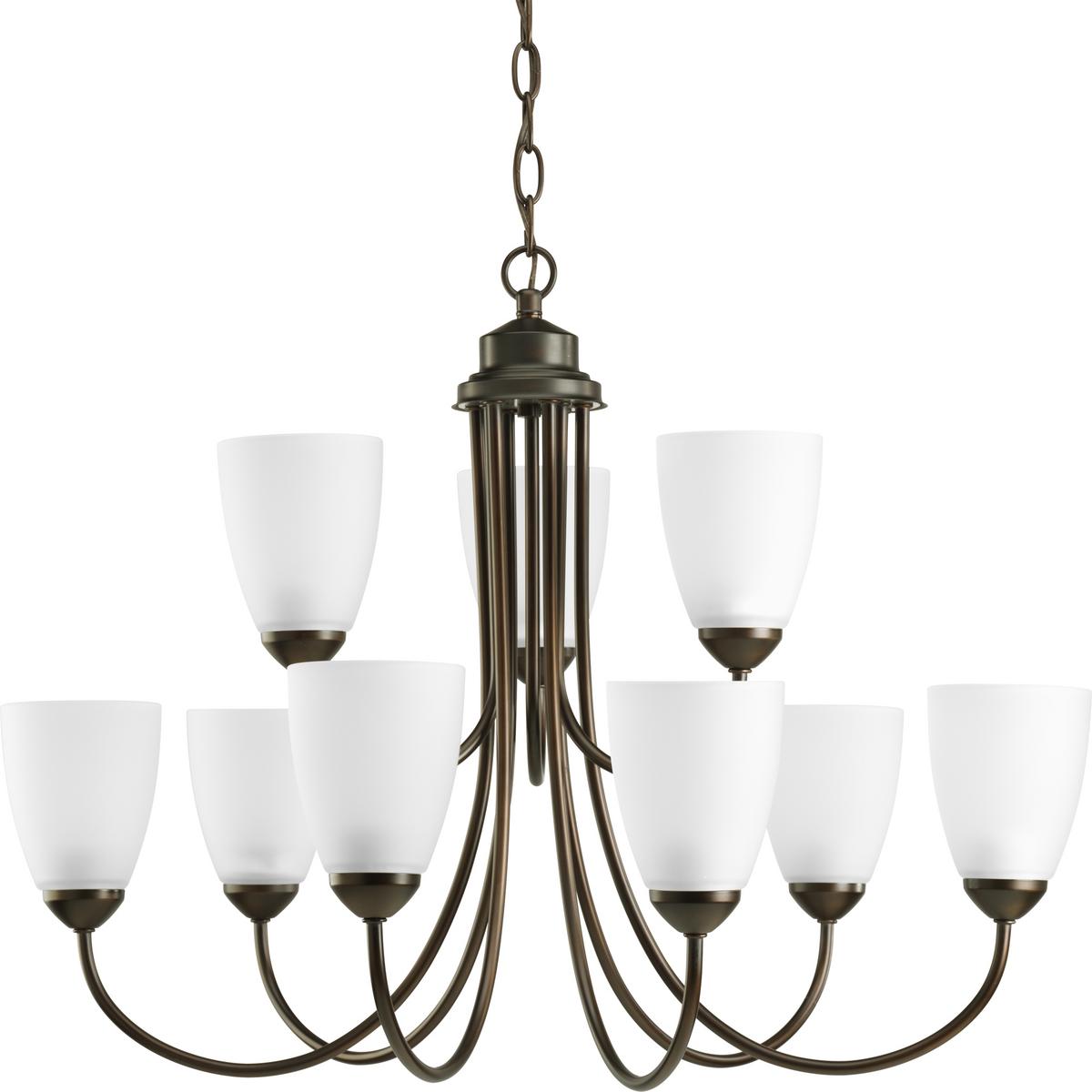 Hubbell P4627-20EBWB Nine-light, two-tier chandelier from Gather possesses a smart simplicity to complement today's home. Antique bronze metal arms descend downwards and curve sharply to prop white etched glass shades. Etched glass add distinction and provide pleasing illumin