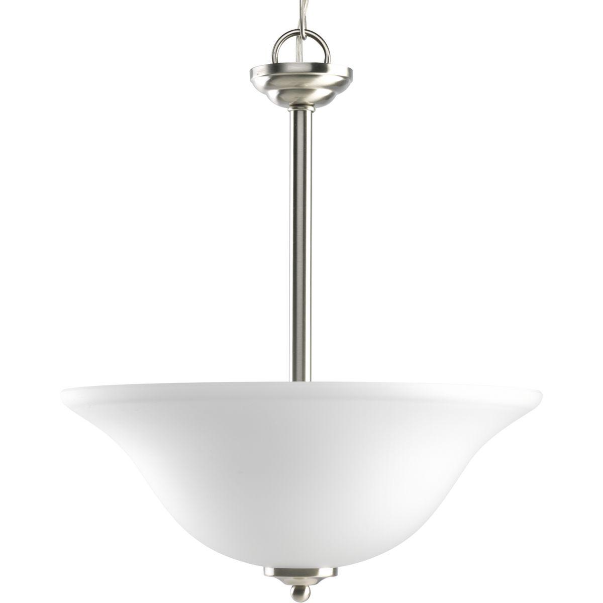 Hubbell HS41007-09 Featuring delicate scrolled metalwork and soft details, this casual two-light inverted pendant is perfect for many interiors. Slightly tapered etched glass shade are completed by a Brushed Nickel finish.  ; Brushed Nickel finish ; Etched glass shade ; Sof