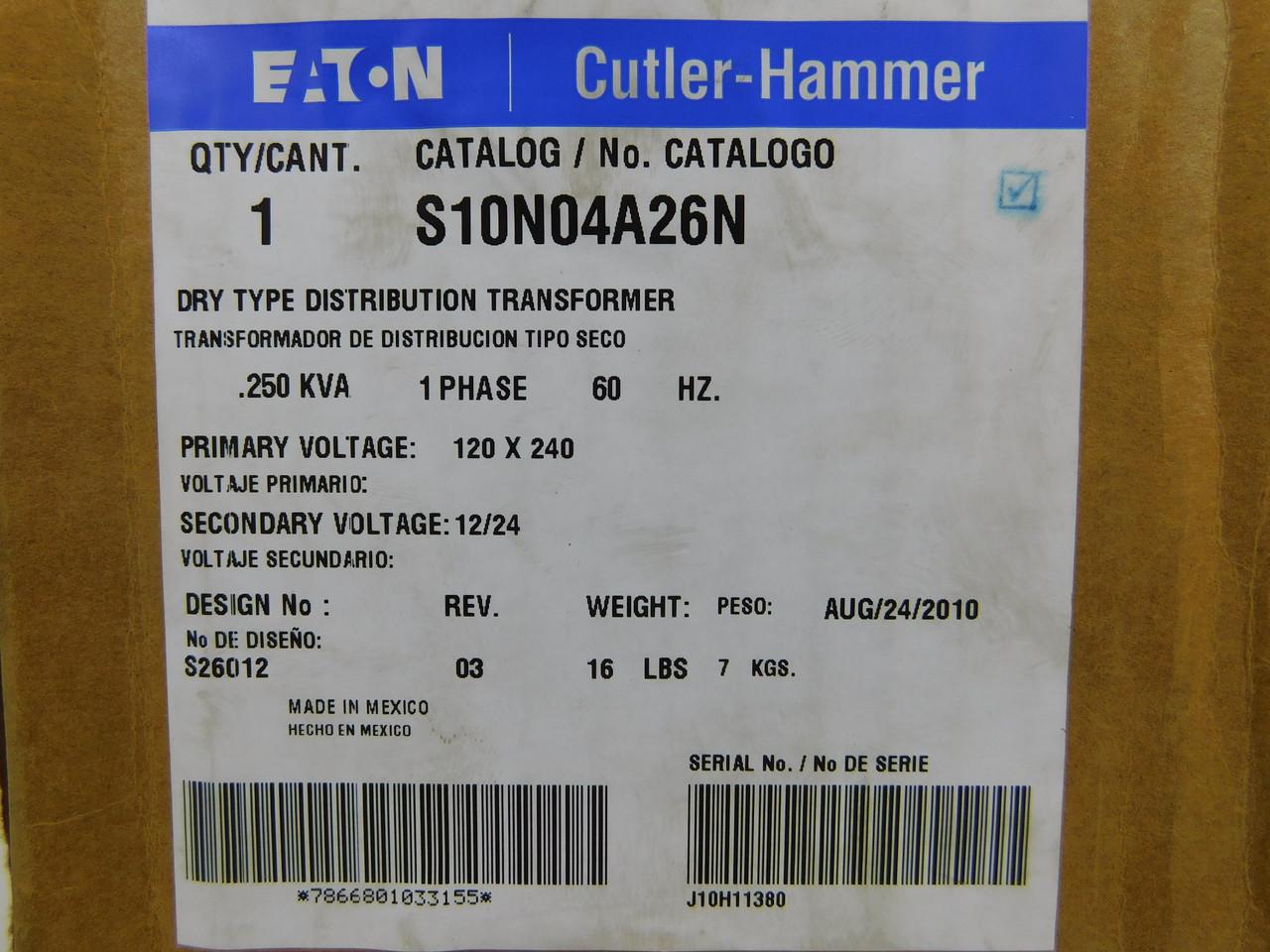 Eaton S10N04A26N Eaton S10N04A26N Other Transformers Dry Type 240V 60Hz 1Ph NEMA 3R Secondary Voltage: 24V 250VA