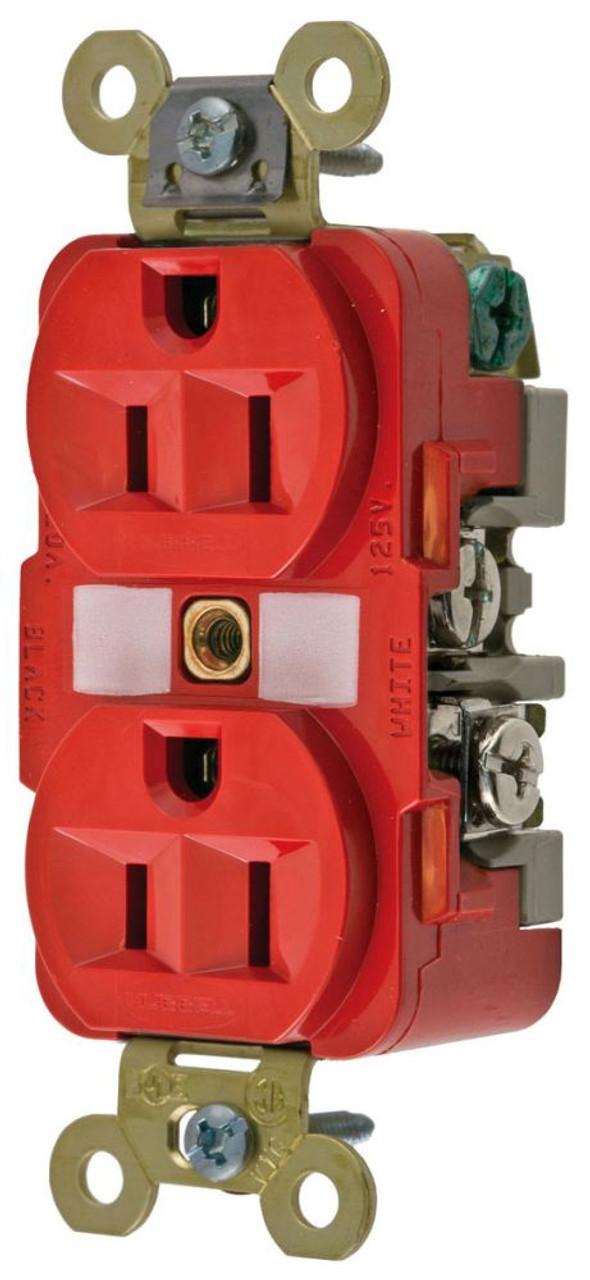 Hubbell HBL5262R Straight Blade Devices, Receptacles, Duplex, Industrial Grade, 2-Pole 3-Wire Grounding, 15A 125V, 5-15R, Red, Single Pack.  ; Back wired ground terminal allows faster, easier installation ; One-piece brass integral ground strap ; Finder Groove Face ; Deep