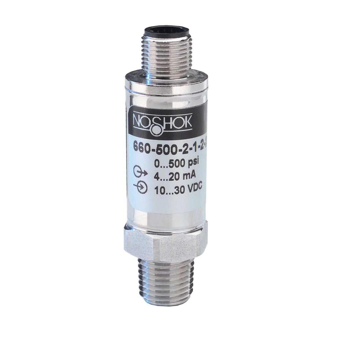 Noshok 660-500-1-1-2-25 0 to 500 psig, 0.25% Accuracy (Best Fit Straight Line (BFSL)), 4 to 20 mA Output, 1/4'' National Pipe Thread (NPT) Male Pressure Transducer with M12 x 1 (4 Pin)