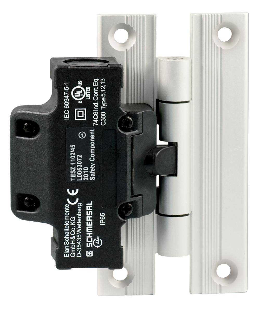 Schmersal TESZ110/45 Safety switch for hinged guards; Hinge safety switch; 2 cable entries M 20 x 1.5; Simple fitting, especially on 45 mm profiles; Thermoplastic enclosure; Double-insulated; Good resistance to oil and petroleum spirit; 111,5 mm x 92 mm x 36 mm