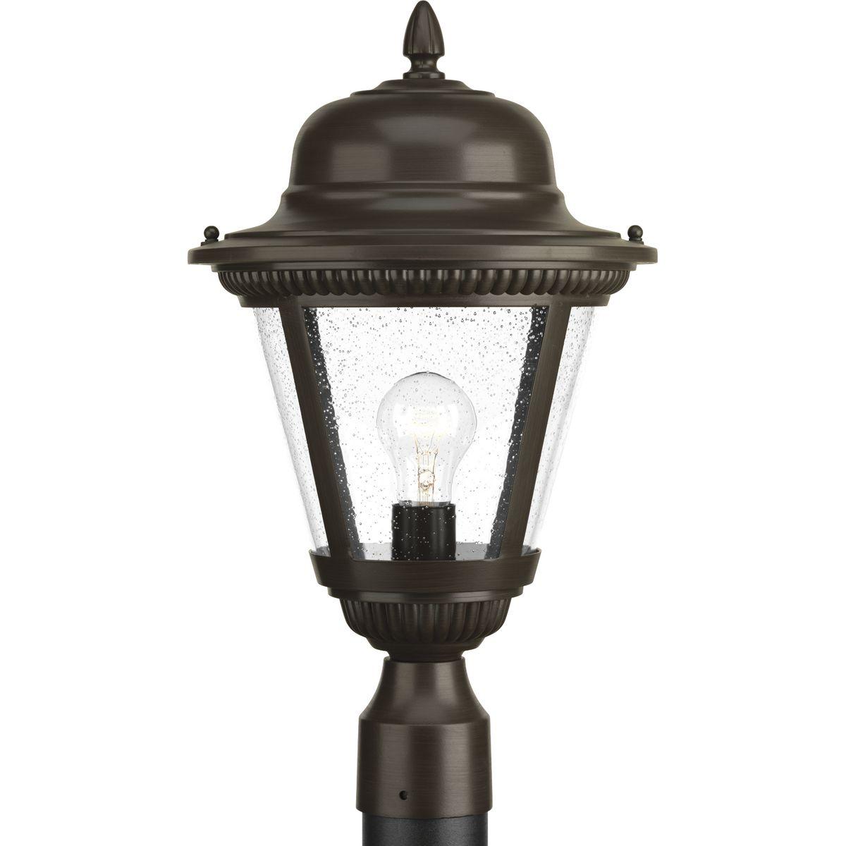 Hubbell P5458-20 Add a touch of rustic appeal and classic styling with beaded detailing in the Westport collection. Clear seeded glass compliments the durable powder coat finish in die-cast aluminum frames. One-light 11" post lantern. Antique Bronze finish.  ; Rustic appe