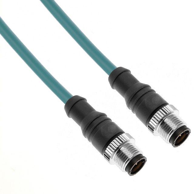 Mencom MDE45-4MMP-5M Ethernet, Cordset, 4 Pole, M12 D-Coded Male Straight / M12 D-Coded Male Straight, 5M, Teal, PVC
